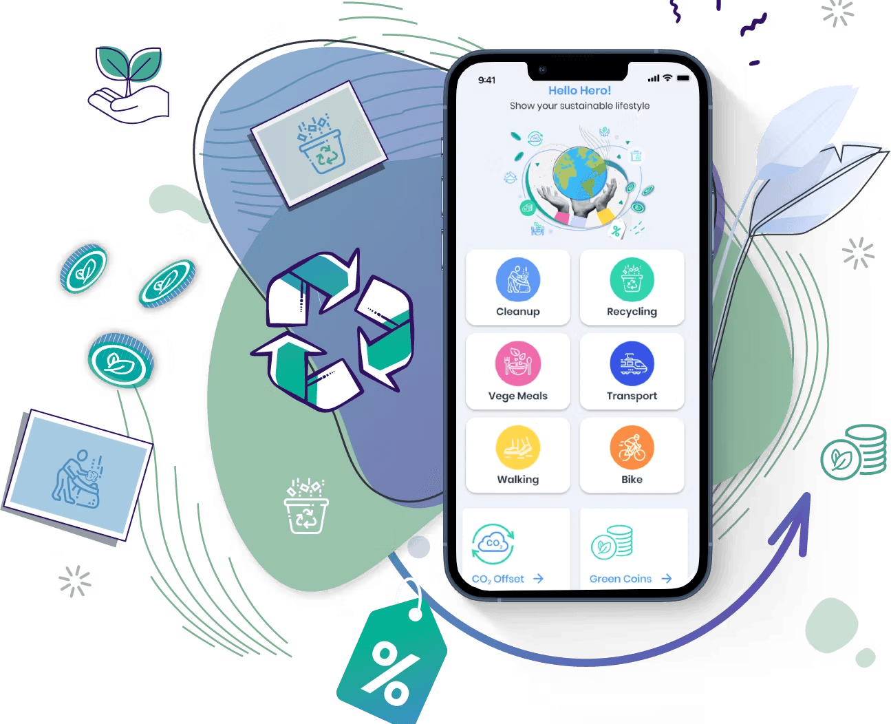 Planet Heroes app screen surrounded by eco icons